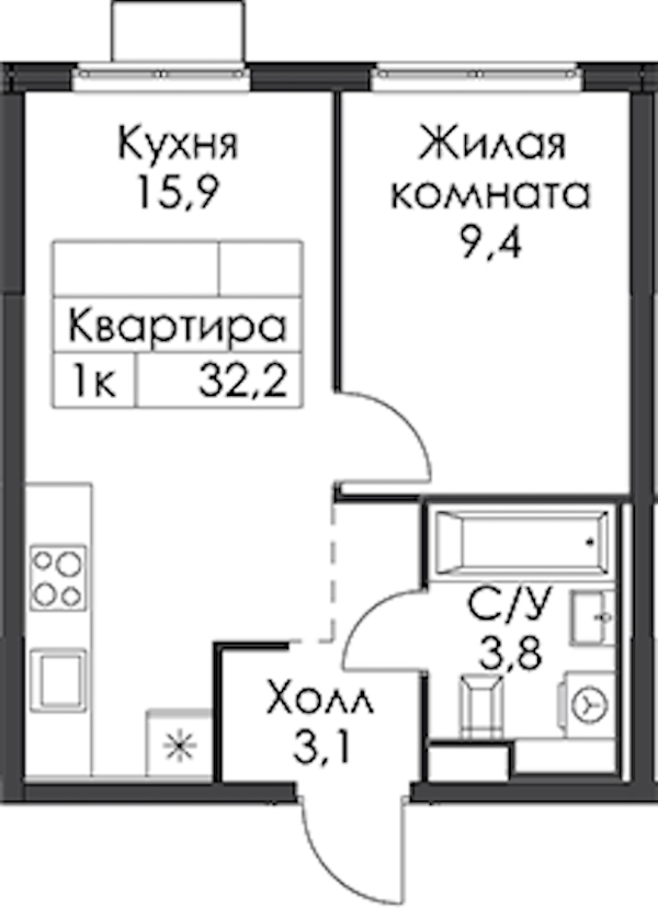 1-комнатная квартира 32.2 м², 24/24 эт., ЖК «Заречный парк»